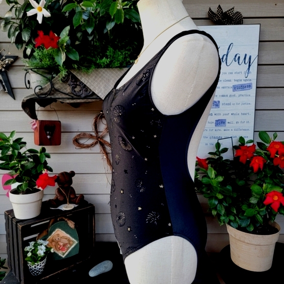BENDIGO ♡ Gorgeous Vintage 1pc Black 'n Gold Beach Shells Bralette Swimsuit 7 - Picture 6 of 17